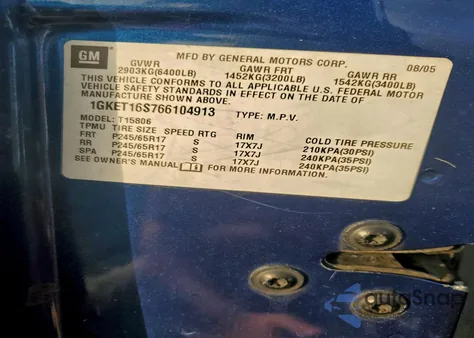 2006 GMC Envoy Xl z USA, uszkodzony, nr VIN 1GKET16S766104913